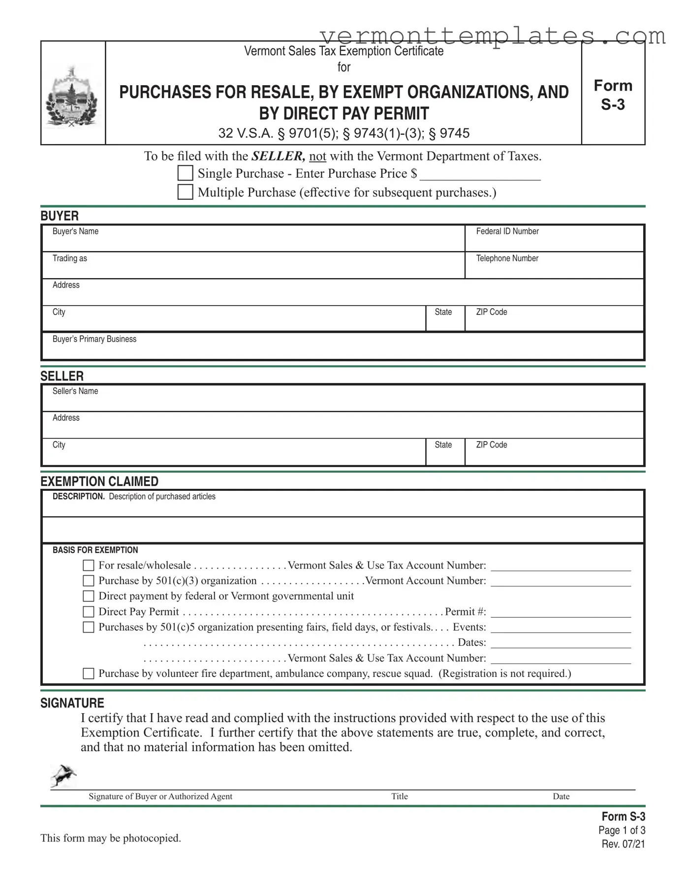 Fill in Your Vermont S 3 Form