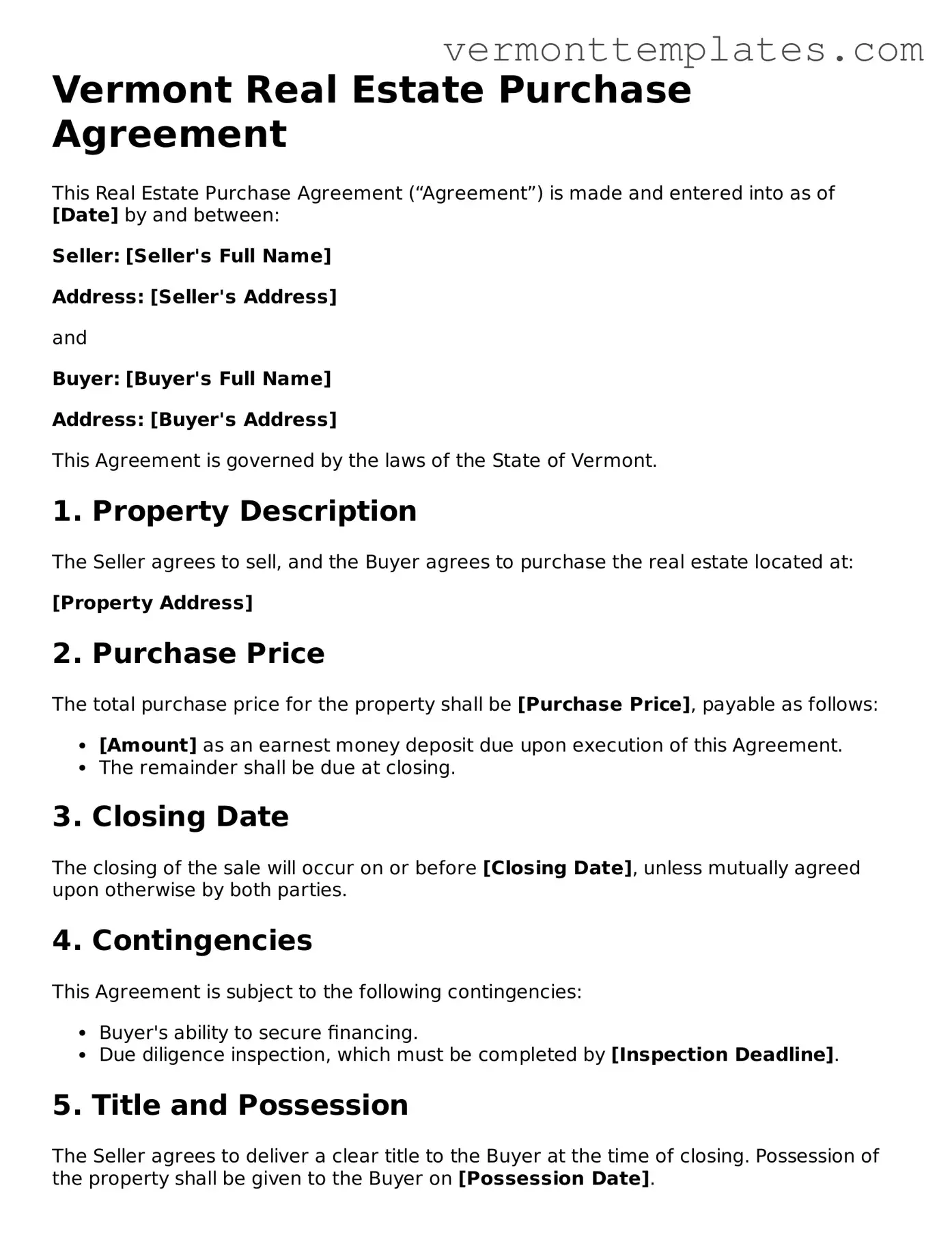 Legal  Real Estate Purchase Agreement Template for Vermont