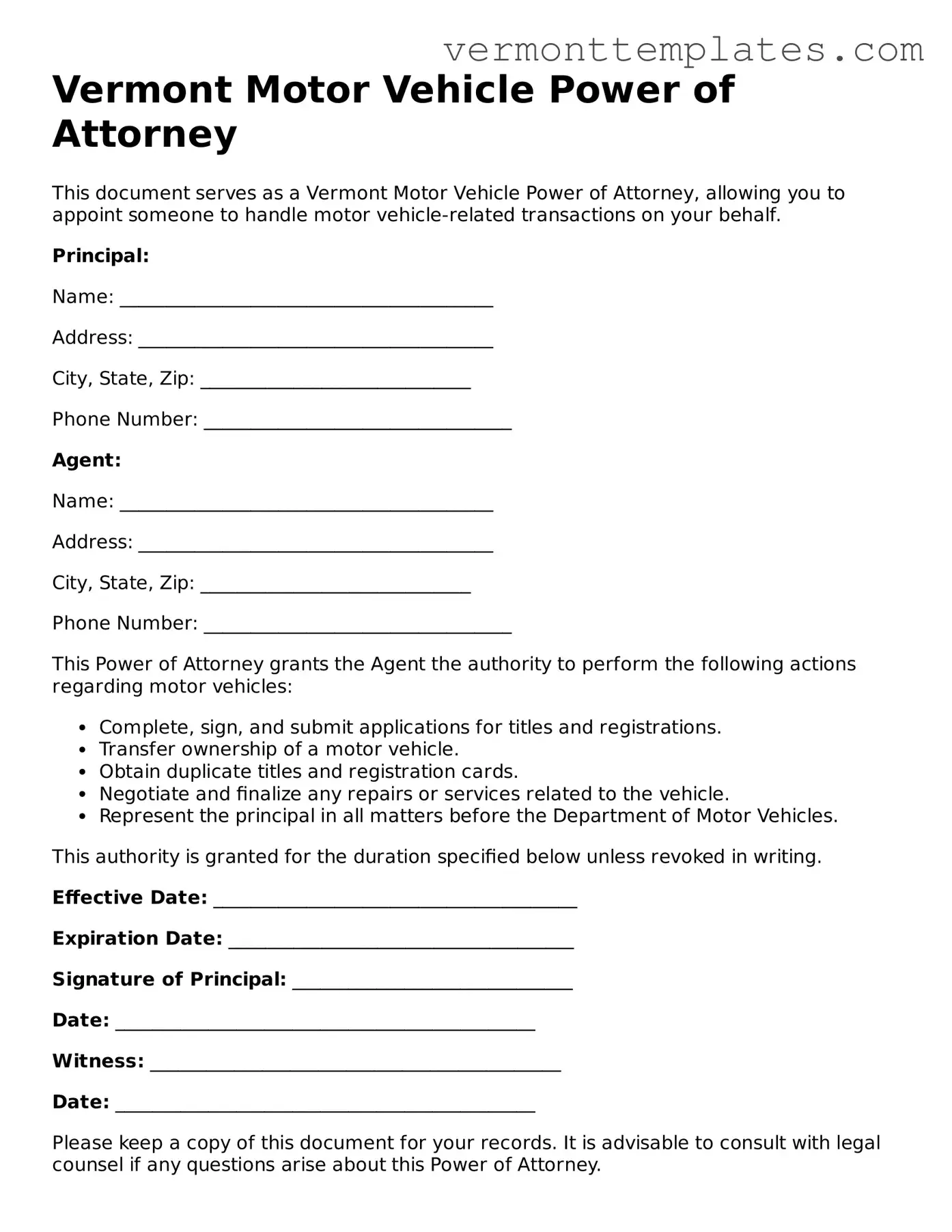 Legal  Motor Vehicle Power of Attorney Template for Vermont